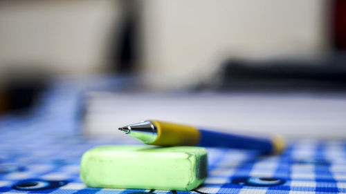 Close-up of colored pencils on table