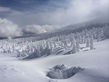 Snow monsters on zao mountain range against cloudy sky