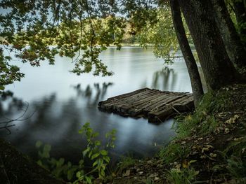 Scenic view of lake in forest and a raft
