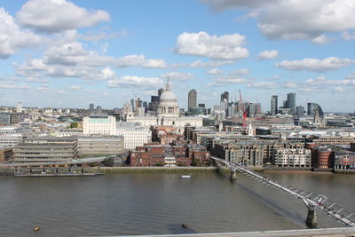 View of buildings in city against cloudy sky