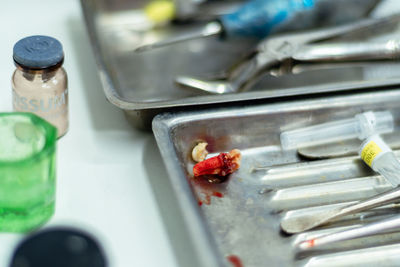 High angle view of bottles on table