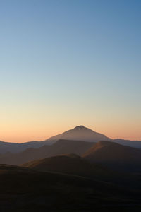 Scenic view of silhouette mountains against clear sky during sunset