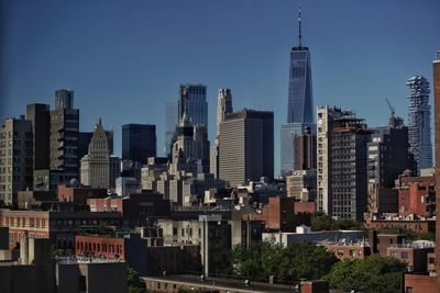 Modern buildings in city against clear sky