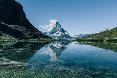 Scenic view of lake and mountains against blue sky