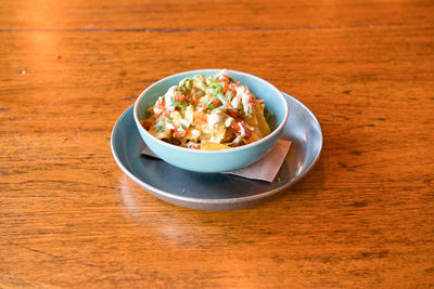 High angle view of food in bowl on table