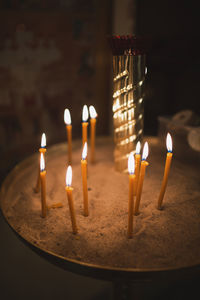 Close-up of burning candles in temple