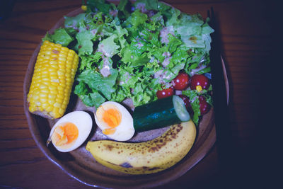 High angle view of breakfast served on table