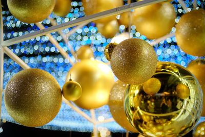 Close-up of golden christmas baubles