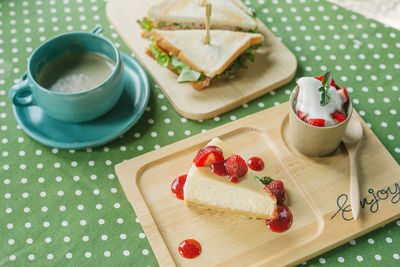 High angle view of breakfast on table