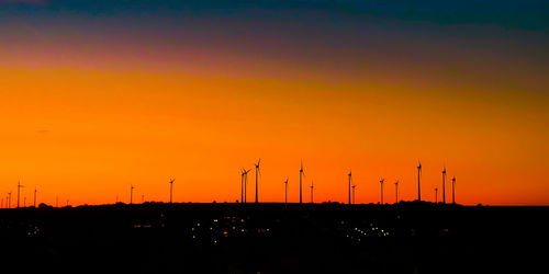 Silhouette of wind turbines at sunset