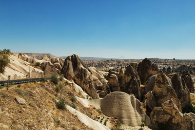 Scenic view of rock formations against blue sky