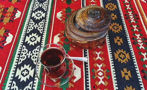 High angle view of drink on table