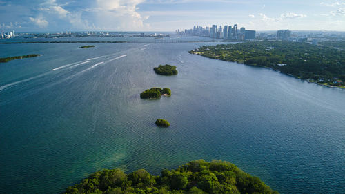 Aerial view of city by sea against sky