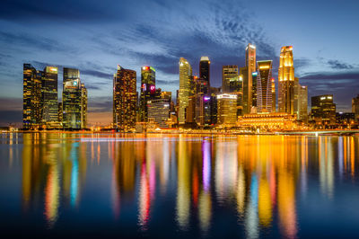 Reflection of illuminated buildings in river against sky