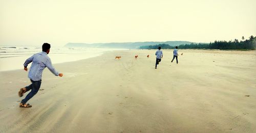 People playing on beach against sky