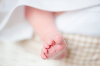 Low section of baby on bed