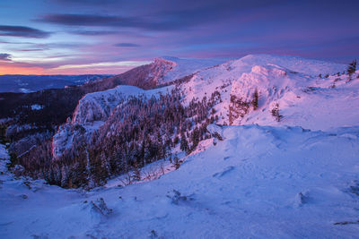 Scenic view of snowcapped mountains against sky during sunset