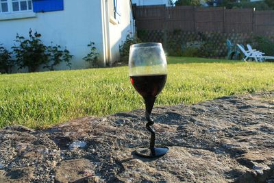 Close-up of beer on field against sky