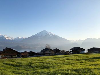 Scenic view of field by mountains against clear sky