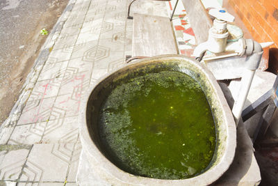 High angle view of soup in bowl on table