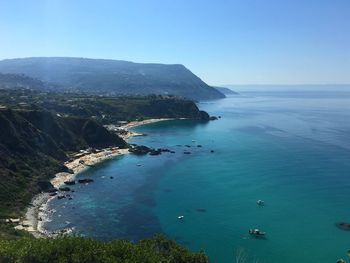 High angle view of bay against sky