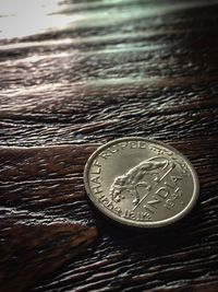 Close-up of coins on table