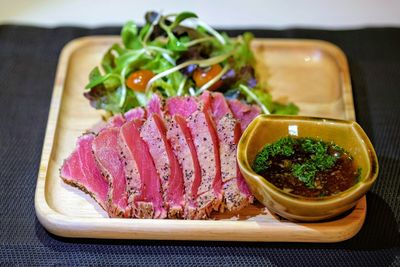 Close-up of food served on table