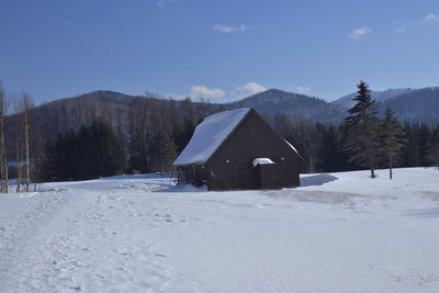 Scenic view of snow covered field by trees against sky