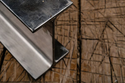 High angle view of text on wooden table