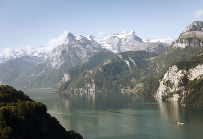 Scenic view of lake and snowcapped mountains against sky