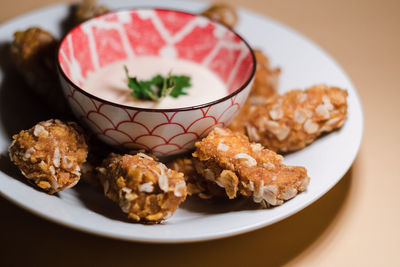 High angle view of food in plate on table