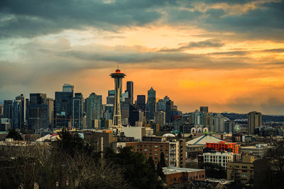 High angle view of city at sunset