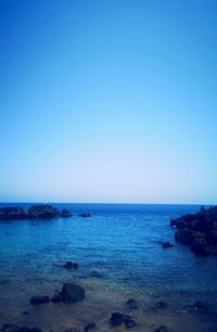 Scenic view of sea against clear blue sky