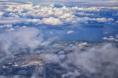 Seattle oregon aerial views from airplane. cloud cover, sea ocean and city views.
