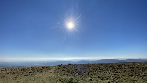 Scenic view of field against bright sun