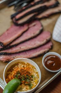 High angle view of meal served on table