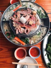 High angle view of food in plate on table