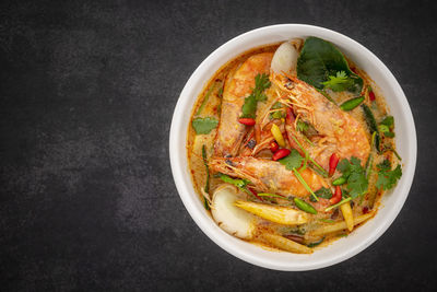 High angle view of noodles in bowl on table