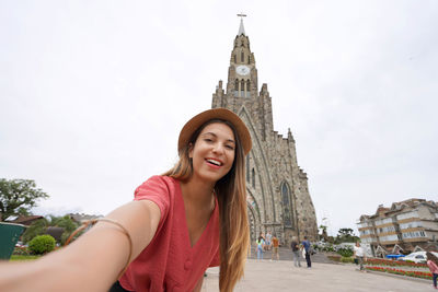 Selfie of stylish young woman in canela, brazil. 