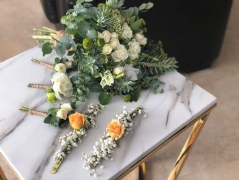 High angle view of bouquet on table