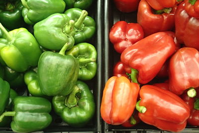 High angle view of bell peppers for sale in market