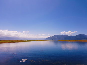 Scenic view of lake against blue sky