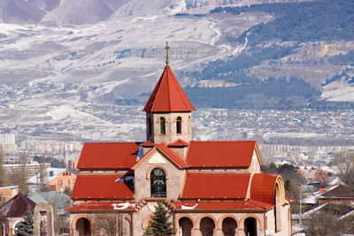 Surb vardan church in kislovodsk and caucasus mountains.