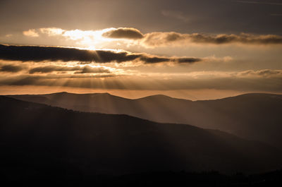 Scenic view of silhouette mountains against sky at sunset