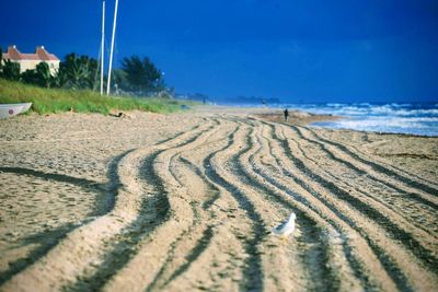 Scenic view of beach against clear blue sky