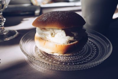 Close-up of sandwich in plate on table