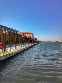 Train at railroad station against clear blue sky