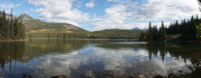 Scenic view of lake and mountains against sky