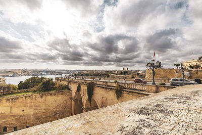 High angle view of cityscape against cloudy sky