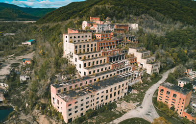 High angle view of buildings in town